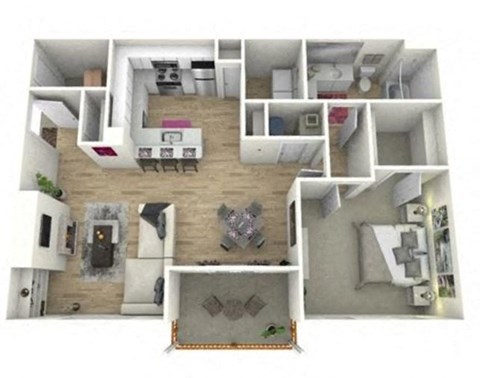 a bedroom with a bed and a desk in a room